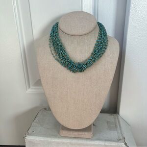 Blue teal seed bead gold tone chain link collar necklace layered chunky light